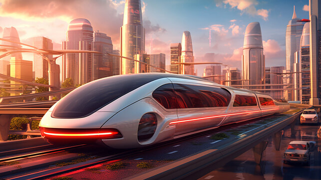 Visualize the future of transportation with an image of a sleek electric vehicle gliding along a futuristic cityscape, highlighting the eco - friendly and innovative aspects, Generative AI