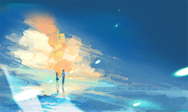 Landscape With Couple Walking 
Anime Digital Art Illustration Paint Background Wallpaper
