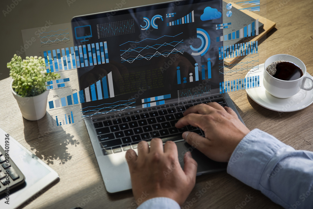 Poster analyst uses a computer and dashboard data management system project analysis resource financial gra