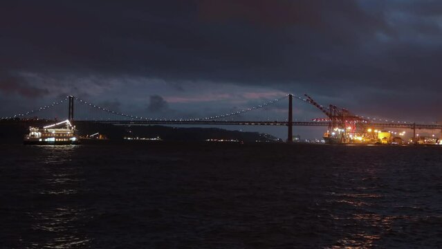 River Night Bridge Port and Big Cruise Liner 