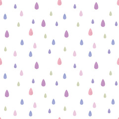 Cute hand drawn various raindrops seamless pattern. Colorful vector illustration. Fun background for kids room decor, nursery art, packaging, wrapping paper, textile, fabric, wallpaper, gift apparel.