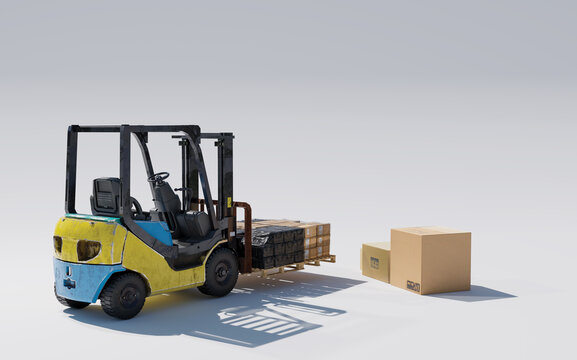 forklift truck holding product with parcel box, warehouse and deliverly concept, 3d illustration rendering