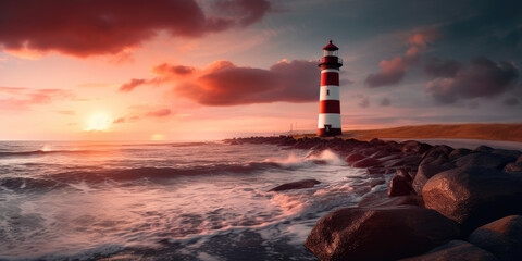 Lighthouse with red and white stripes on a rocky coastal shore at sunset, with reflections in the water, warm colors 
