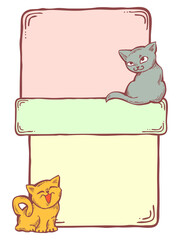 Cat frame decorative background template with empty space for birthday greeting card, announcement or invitation, veterinarian information. Hand drawn illustration, cartoon style character.