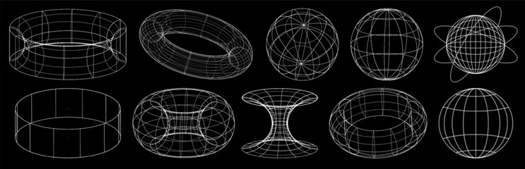 3d Retro futuristic. White trip elements on the black background. Acid rave concept. Trippy vibe shapes, abstract forms in vaporwave 80s and 90s.