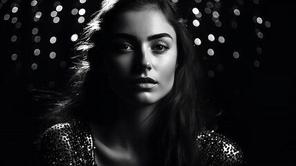 generative AI tools, Fashion model woman in bright sparkles and lights posing in studio.Black and white photography 