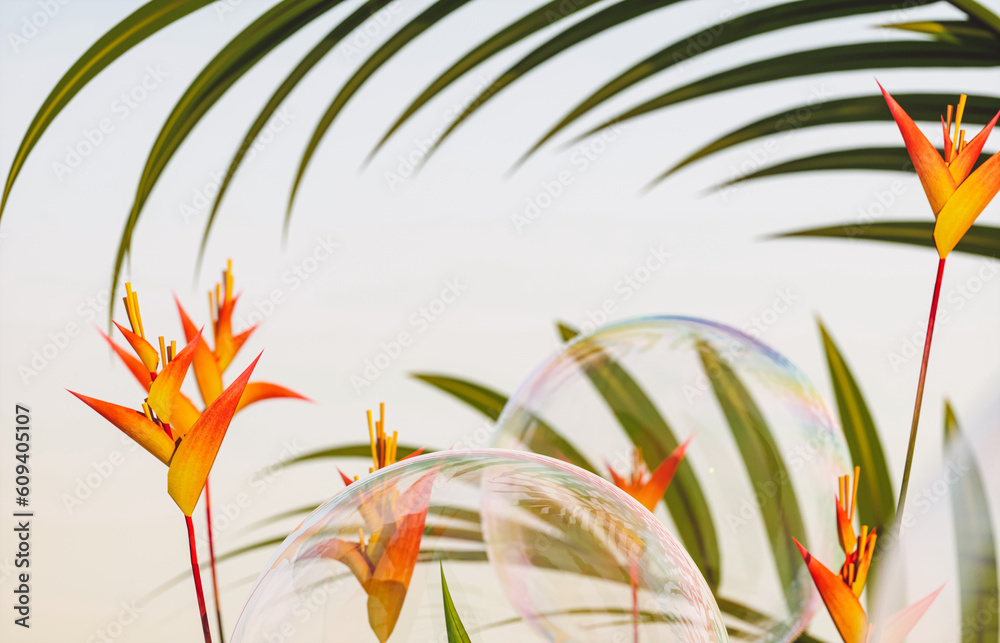 Poster soap bubbles with tropical plants on evening sky background. 3d rendering