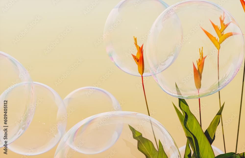 Poster Soap bubbles with tropical plants on evening sky background. 3d rendering
