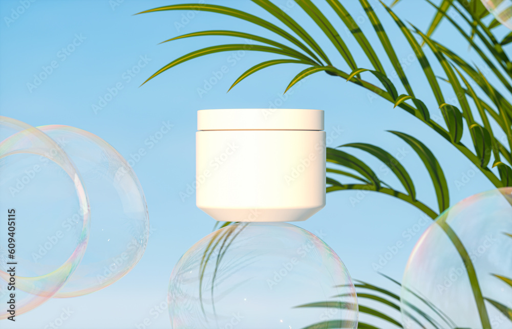 Aufkleber cosmetic cream jar on a background of tropical plants and soap bubbles. 3d rendering