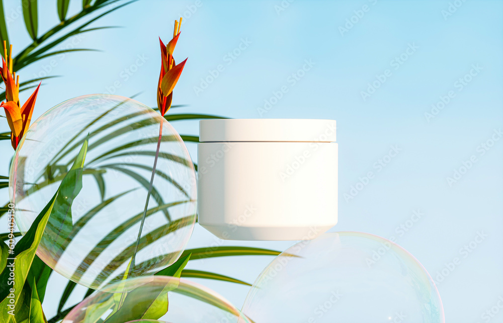 Aufkleber cosmetic cream jar on a background of tropical plants and soap bubbles. 3d rendering
