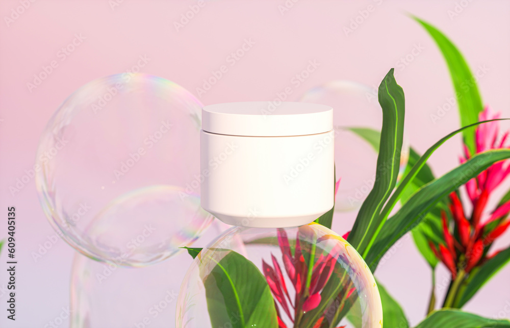Poster cosmetic cream jar on a background of tropical plants and soap bubbles. 3d rendering