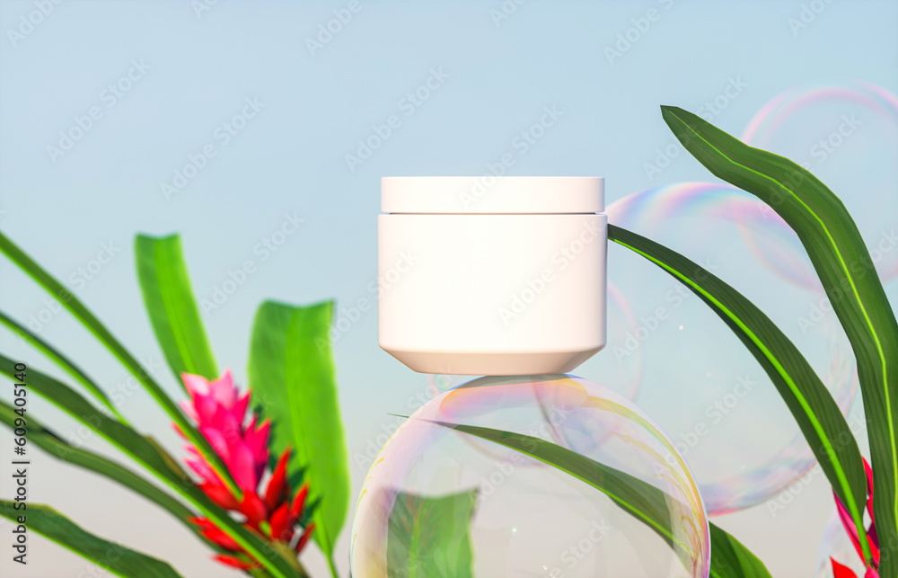 Aufkleber Cosmetic cream jar on a background of tropical plants and soap bubbles. 3d rendering