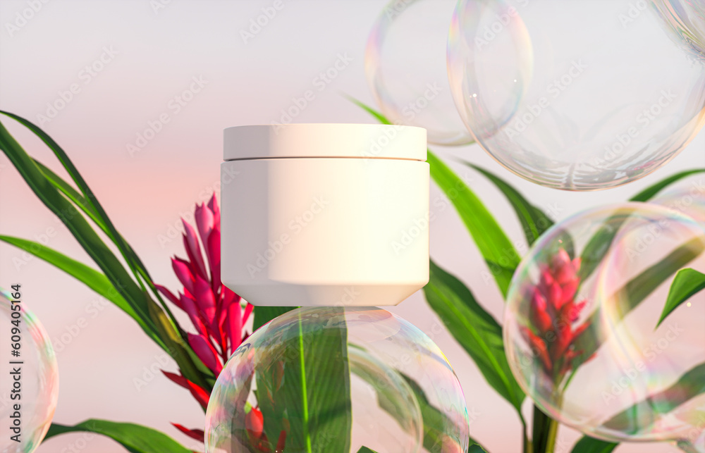Poster cosmetic cream jar on a background of tropical plants and soap bubbles. 3d rendering