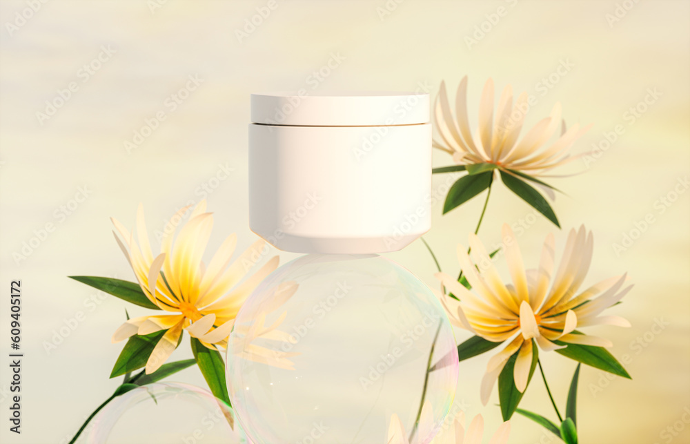 Aufkleber cosmetic cream jar on a background of yellow daisies flower and soap bubbles. 3d rendering