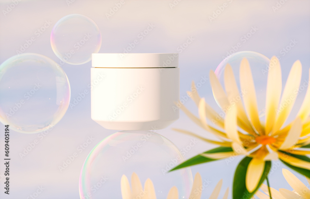 Aufkleber cosmetic cream jar on a background of yellow daisies flower and soap bubbles. 3d rendering