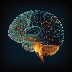 Creative model of human brain in vibrant colors on dark background. Artificial intelligence, technology, neural networks, futuristic concept. Generative AI - obrazy, fototapety, plakaty