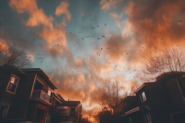 Fototapeta premium Birds flying in pink skies over neighbourhhood. Generative ai