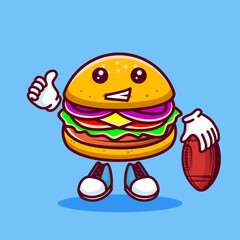 Vector illustration of kawaii burger cartoon character with american football. Vector eps 10