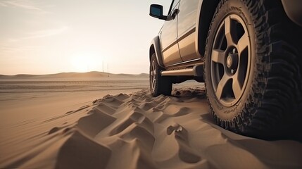 Off-road car stands in the red sands. wheels. 
close-up detail
