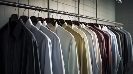 Classy, stylish, colorful men's shirts neatly arranged and organized in a row on a clothes rack hanger for quality choice selection