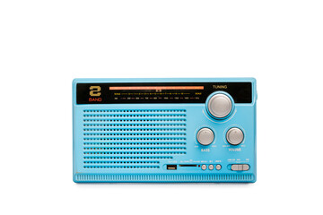 Retro blue radio with clipping path isolated on white background.