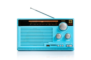 Retro old blue radio receiver with antenna isolated on white background, clipping path