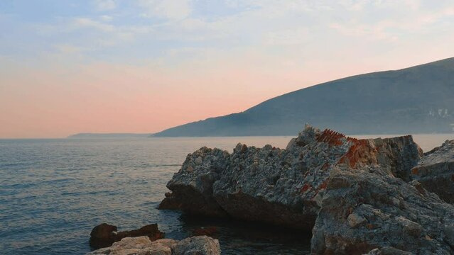 Fort Mezaluna Mesaluna Citadel Citadela Montenegro Herceg Novi. The ruins of an ancient stone fortress, destroyed in an earthquake, fell into the Adriatic Sea, the Mediterranean. Tourist attractions
