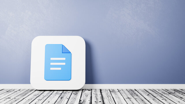 Google Docs App Icon on Wooden Floor Against Wall