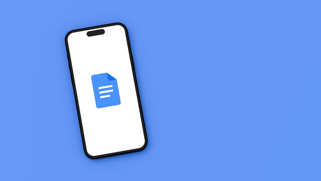 Google Docs Icon on Mobile Phone Screen on Blue Background with Copy Space