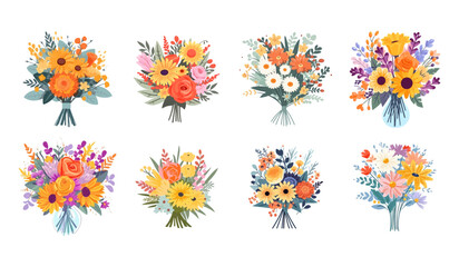 Flower bouquet colorful summer flowers set for invitation, greeting card, poster, frame, wedding, decoration