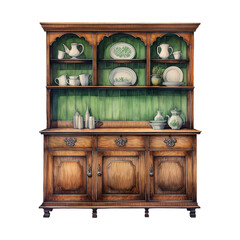 Wooden and green painted cabinet with shelves, front view, elevation, watercolor isolated on white or transparent background. Generative AI