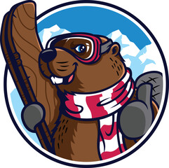 Cute Beaver with Goggles and Scarf, Holding a Wooden Skiing