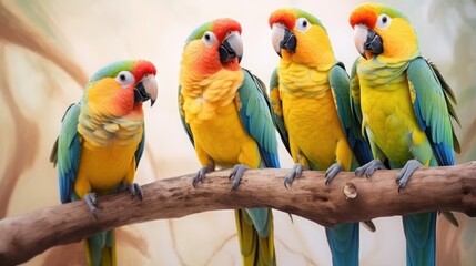 Five parrots standing on the tree trunk. Generative AI.