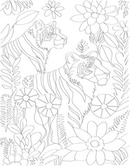 Floral tiger line art for kids coloring book interior 