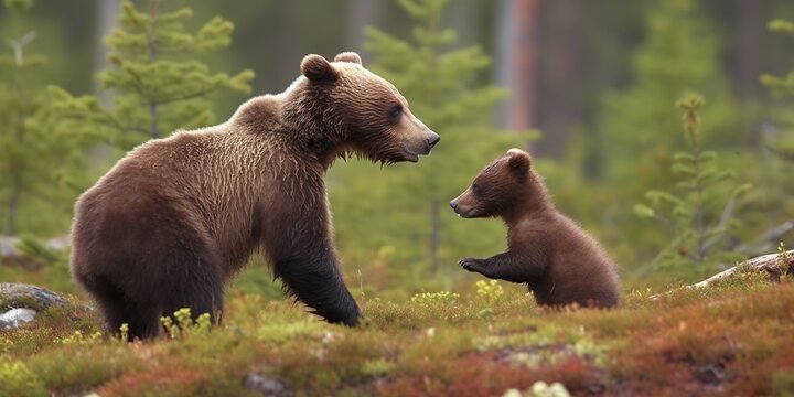 A bear cub joyously pounces on its mother, their playful wrestling a delightful sight in the wilderness, concept of Family Bonding, created with Generative AI technology