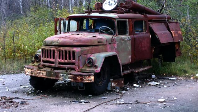 A fire engine left after extinguishing fires at a nuclear power plant. Abandoned Soviet fire truck.