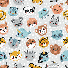 Cute Animal Heads Seamless Pattern. Cartoon Funny Baby Animals Faces. Childish Vector Background.