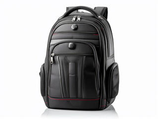 Black executive backpack isolated on plain color background. Made of high quality fabric and pvc. Has many compartments to put essentials.