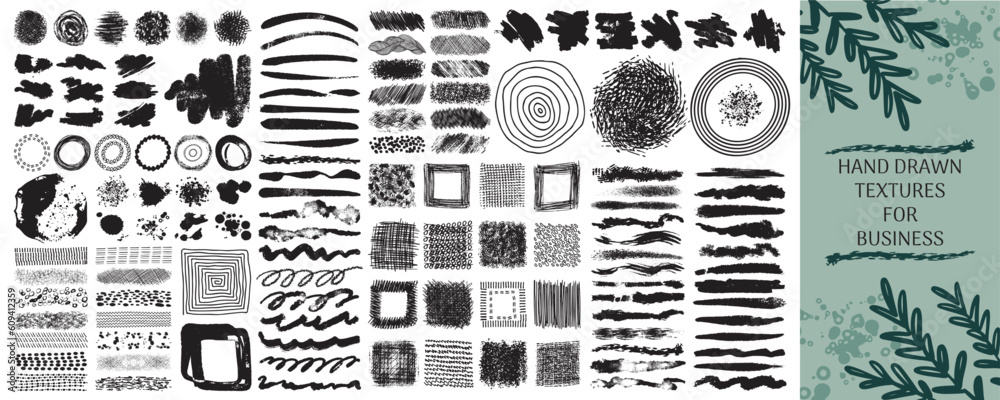 Poster brush, shader and brushstrokes. flat abstract patterns, nature textures for business, vintage hand d