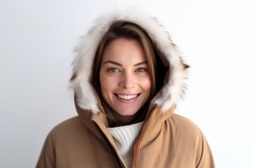 Portrait of a smiling young woman in a warm hooded jacket on a white background