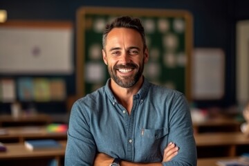 portrait of smiling male teacher in classroom at school or college.