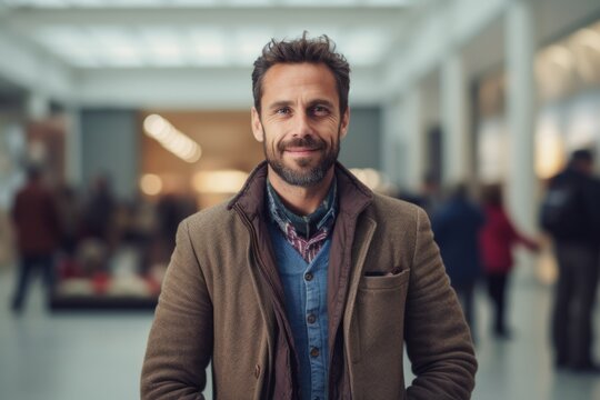 Portrait of a handsome bearded man in coat at the shopping center