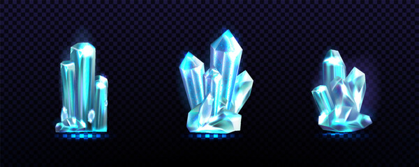 Crystals composition, magic gems. Blue gemstone clusters, 3d rock minerals, light quartz for gui, game icons isolated elements, glowing computer colors. Topaz or brilliant. Vector realistic set