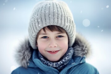 Portrait of a cute little boy in winter clothes on a snowy day