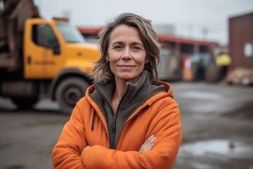 Portrait Of Mature Woman Standing In Front Of Construction Machinery