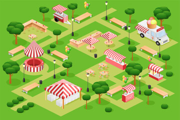 Marketplace map. Isometric food fair. 3D line market or shop town. Outdoor cafe court. Park area. Fastfood kiosks. Ice cream van. Bench and table with umbrella. Vector illustration