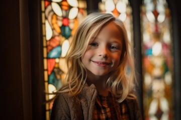 Fototapeta premium Portrait of a cute little girl with blond hair in the church
