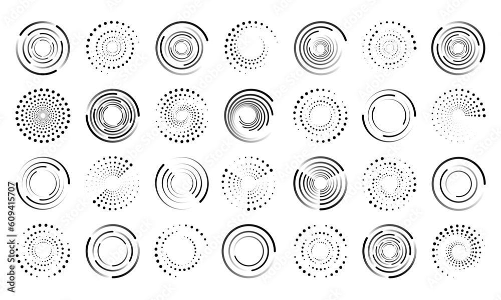 Poster Circle halftone lines. Speed loading process. Black dot patterns. Abstract graphic spirals. Circular movement. Radial dynamic logo. Grunge half tone swirls set. Vector design background