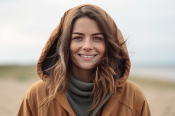 Fototapeta premium Portrait of a beautiful young woman in a coat on the beach