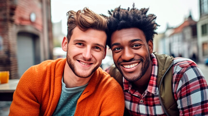 happy gay couple. two young men smile for a picture . Generative Ai. 